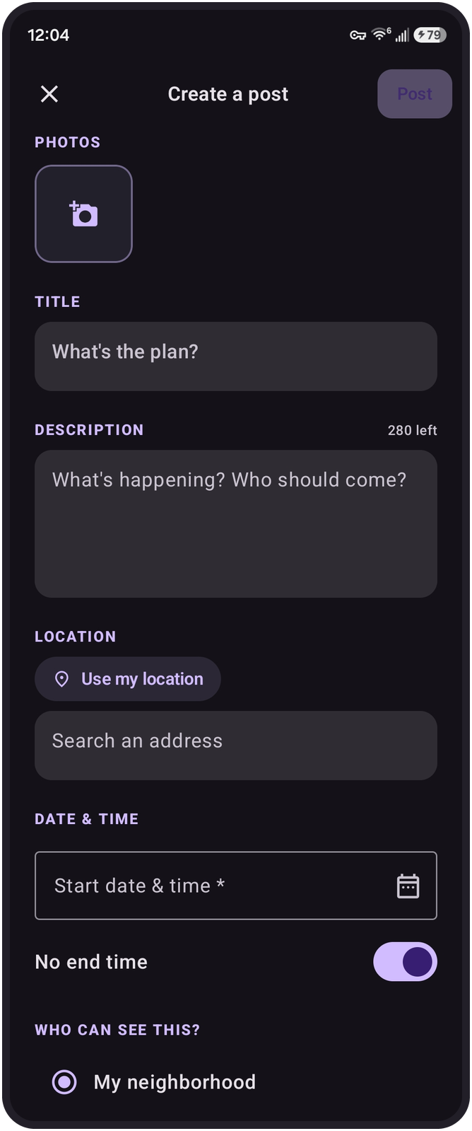 Creating a post: photos, title, description, location, date and time, and who can see it.