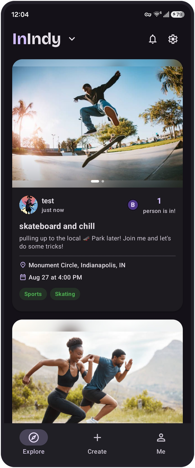 The InIndy feed showing a skateboarding meetup at Monument Circle.