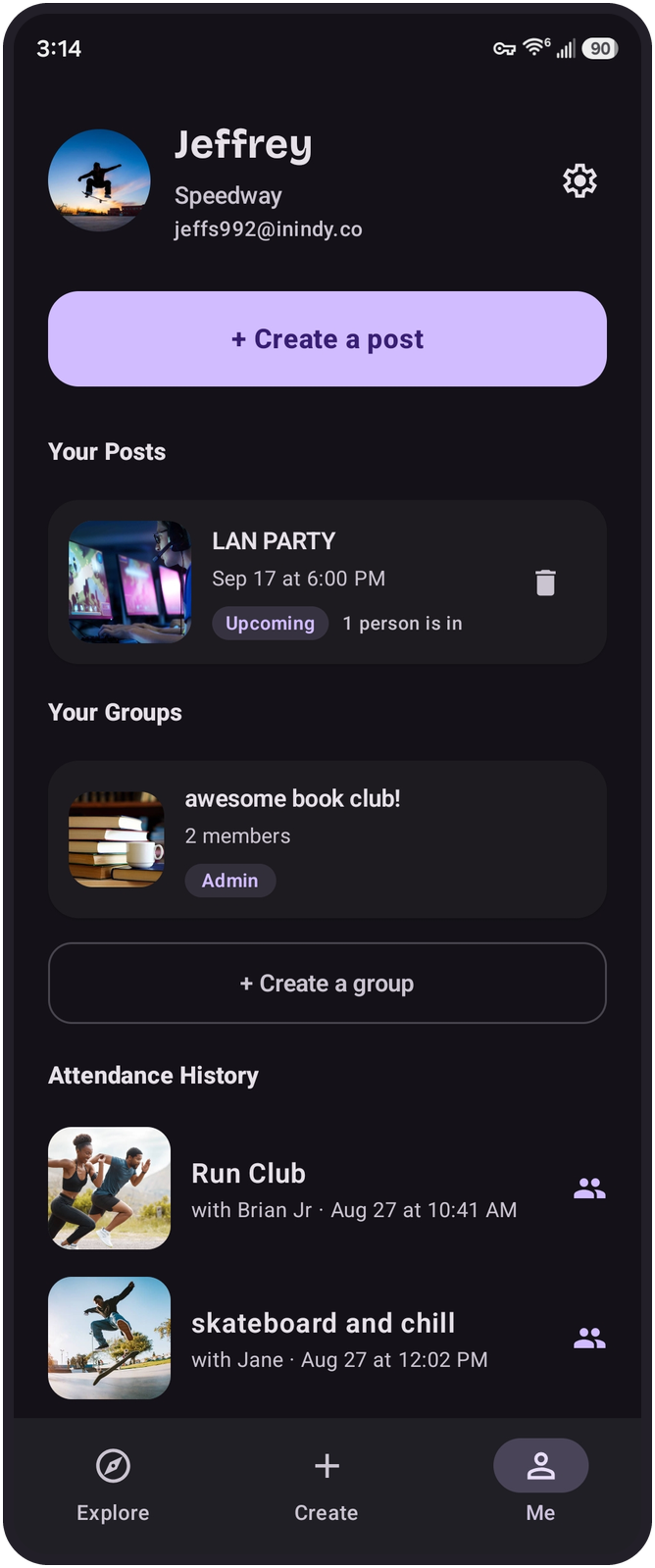 A profile in Speedway showing an upcoming LAN party, a book club group, and events attended.